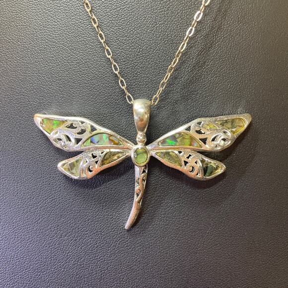Dragonfly Mother of Pearl Abalone Shell Style Silver Necklace - Picture 1 of 4